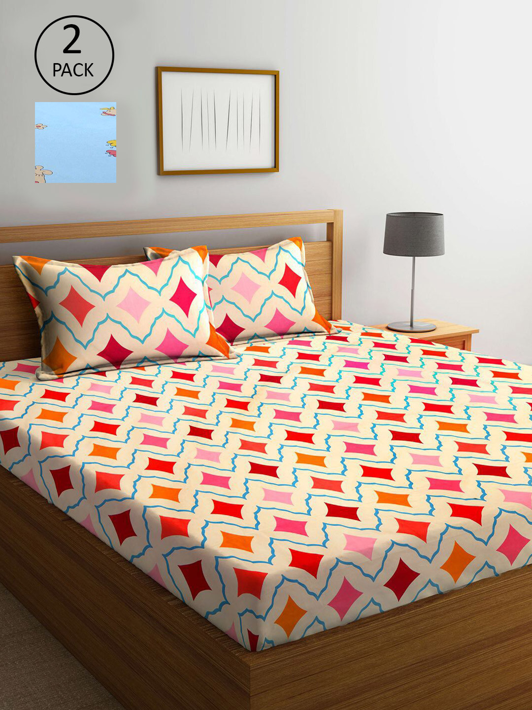 

KLOTTHE Blue & Red Geometric 210 TC Set Of 2 King Bedsheet with 4 Pillow Covers