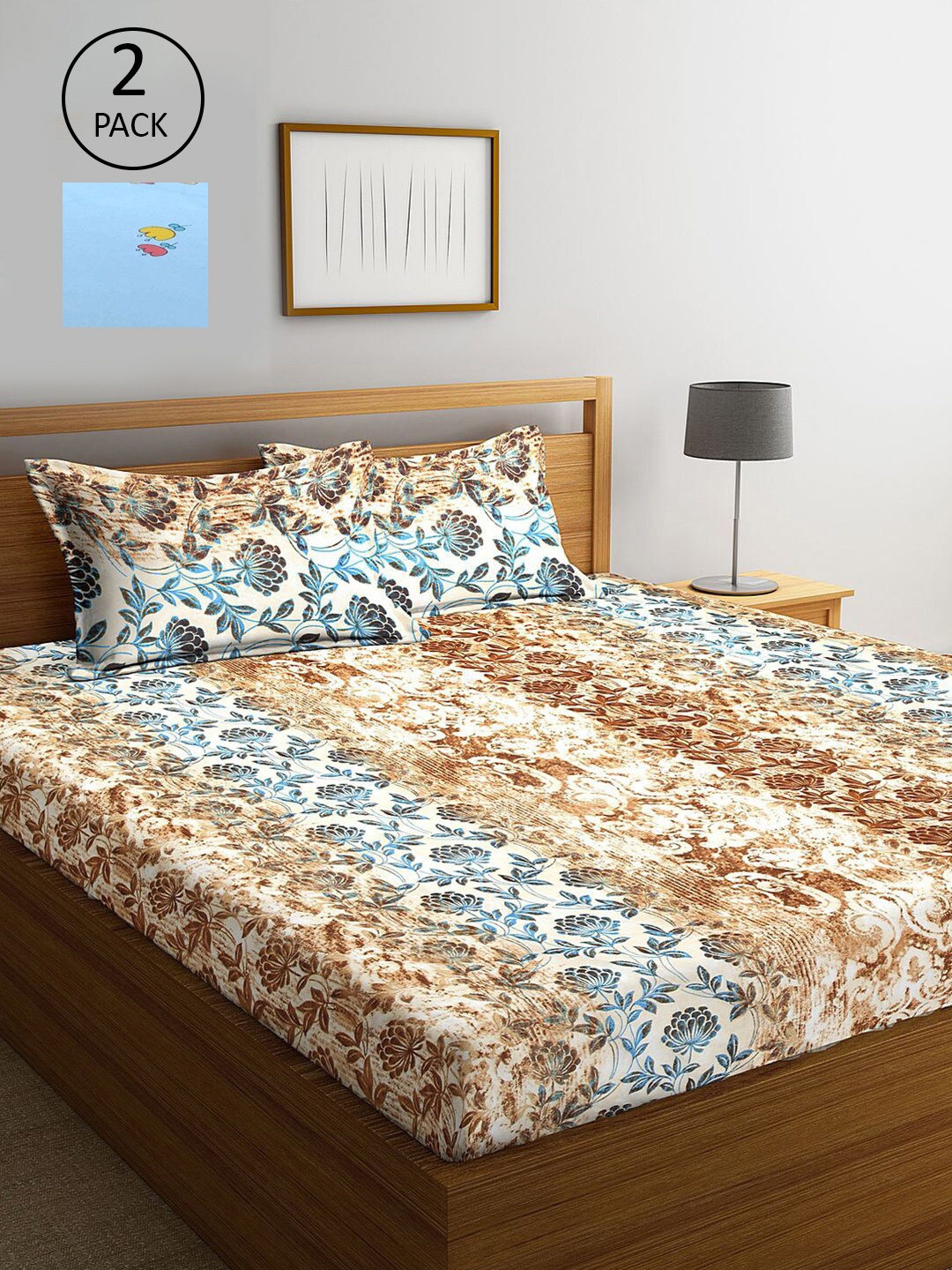 

KLOTTHE Brown & Blue Floral 300 TC Set Of 2 King Bedsheet with 4 Pillow Covers