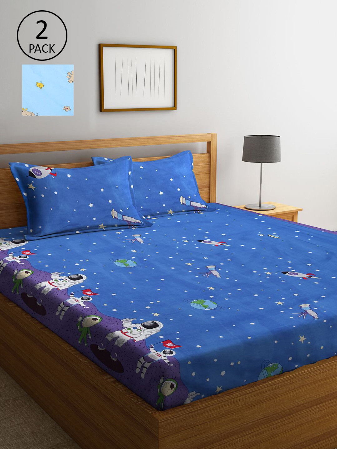 

KLOTTHE Set of 2 Blue Cartoon Characters 300 TC King Bedsheet with 4 Pillow Covers
