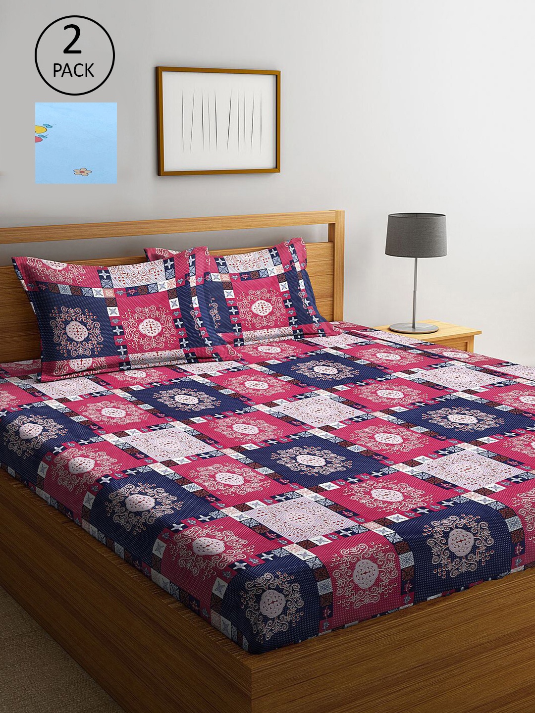 

KLOTTHE Magenta & Blue Ethnic Motifs 210 TC Set Of 2 King Bedsheet with 4 Pillow Covers