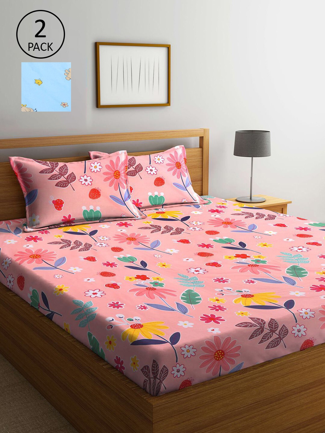 

KLOTTHE Blue & Purple Floral 210 TC 2 King Bedsheets with 4 Pillow Covers