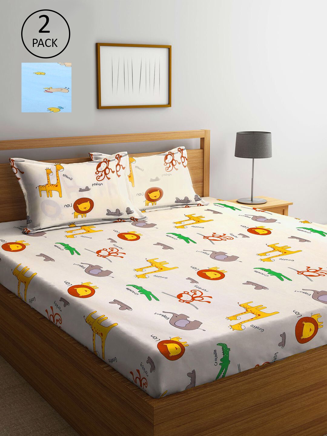 

KLOTTHE Cream-Coloured & Blue Cartoon Characters 210 TC Set Of 2 King Bedsheet with 4 Pillow Covers