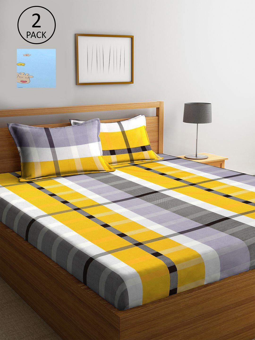 

KLOTTHE Grey & Yellow Geometric 210 TC Set Of 2 King Bedsheet with 4 Pillow Covers