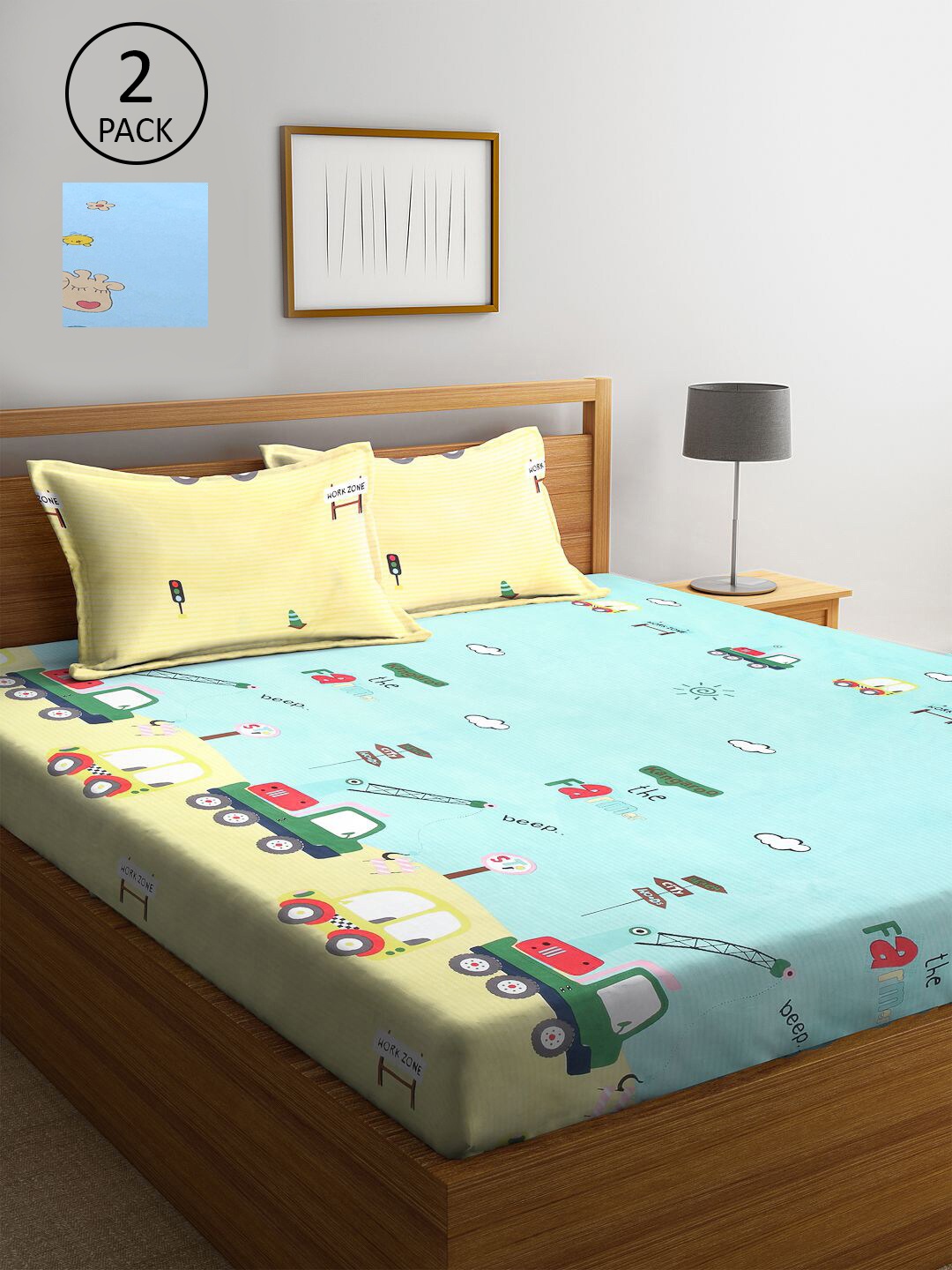 

KLOTTHE Yellow & Blue Cartoon Characters 210 TC Set Of 2 King Bedsheet with 4 Pillow Covers