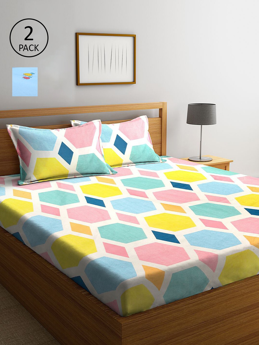

KLOTTHE Yellow & Blue Geometric 210 TC 2 King Bedsheet with 4 Pillow Covers