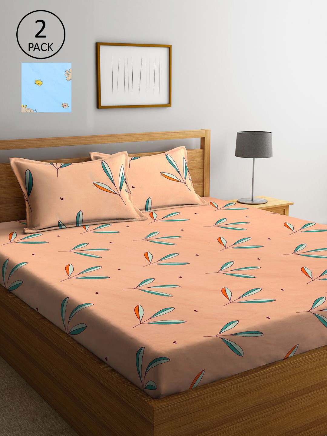 

KLOTTHE Peach-Coloured & Blue Floral 210 TC Set Of 2 King Bedsheet with 4 Pillow Covers