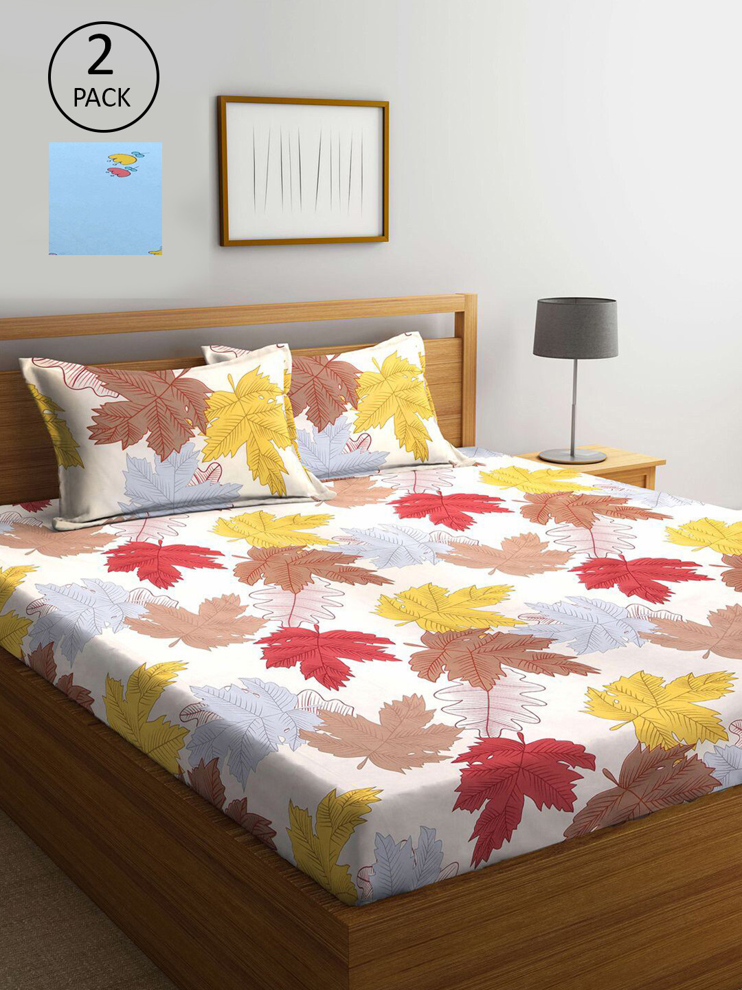 

KLOTTHE Beige & Blue Floral 300 TC Set Of 2 King Bedsheet with 4 Pillow Covers