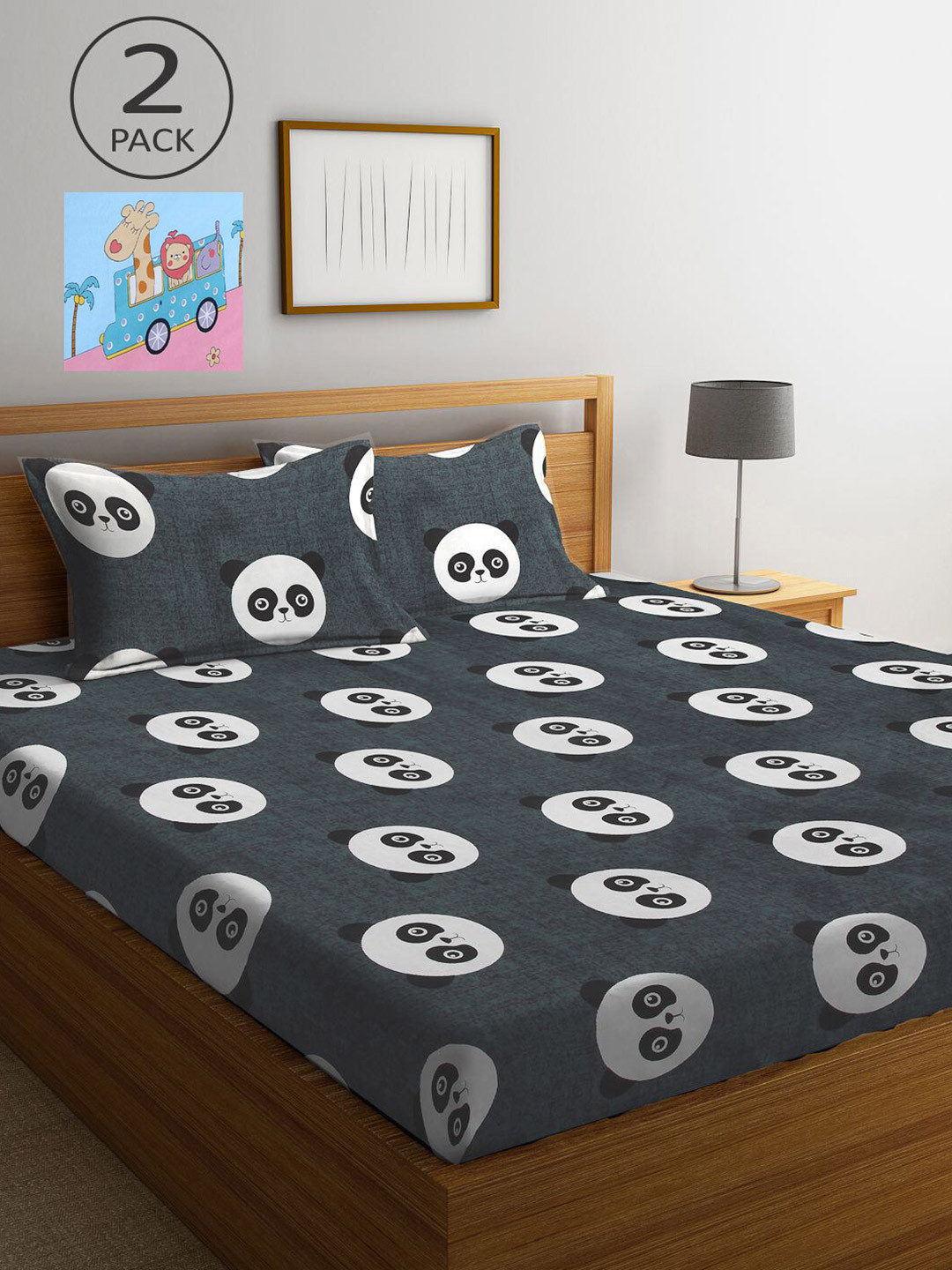 

KLOTTHE Black & Teal Cartoon Characters 210 TC 2 King Bedsheets with 4 Pillow Covers