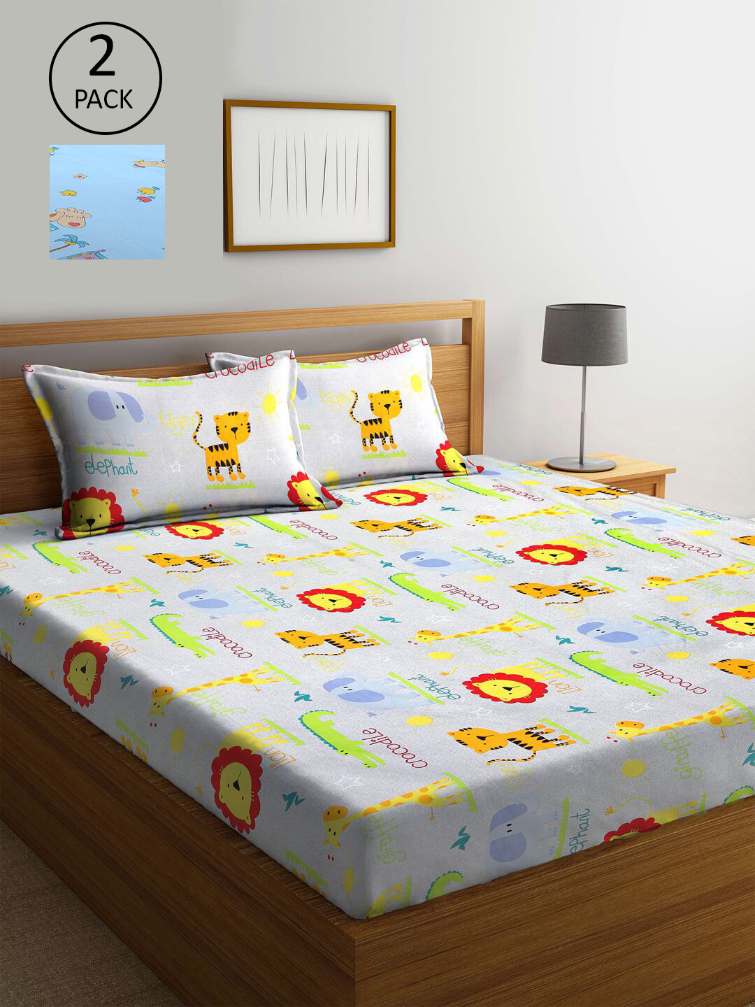 

KLOTTHE Cream-coloured & Blue 210 TC Set of 2 King Bedsheet with 4 Pillow Covers