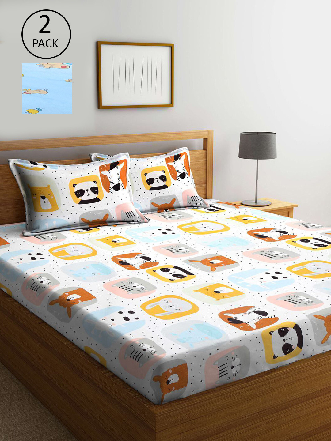 

KLOTTHE Blue & White Cartoon Characters 300 TC 2 King Bedsheet with 4 Pillow Covers