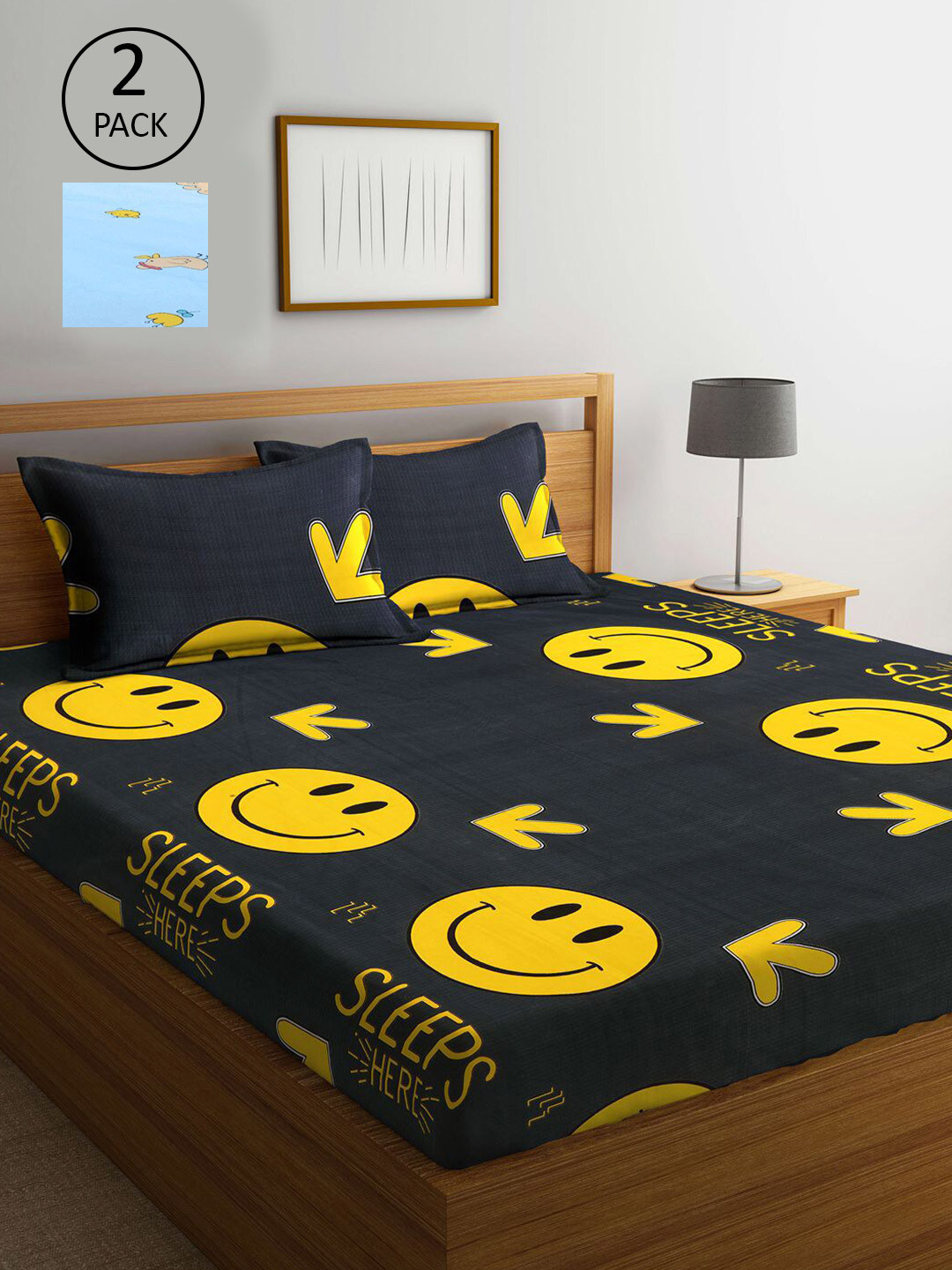 

KLOTTHE Charcoal & Blue Cartoon Characters 210 TC Set Of 2 King Bedsheet with 4 Pillow Covers