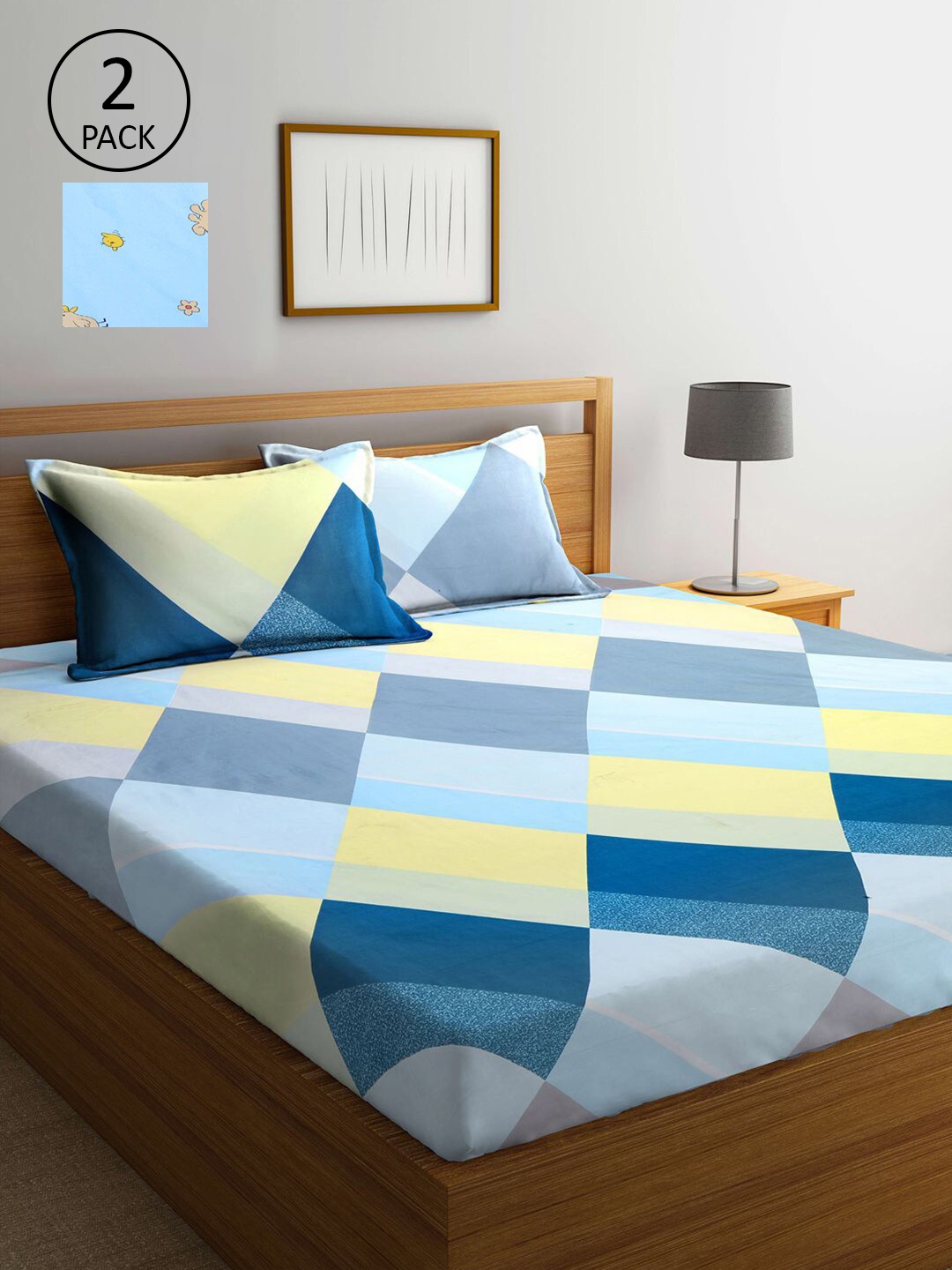 

KLOTTHE Set of 2 Blue & Yellow Geometric 300 TC King Bedsheet with 4 Pillow Covers