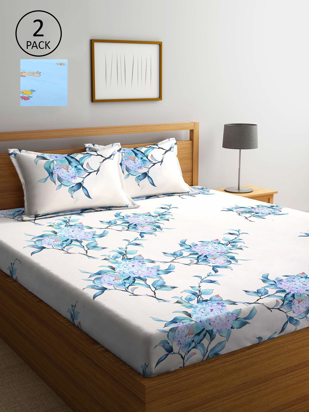 

KLOTTHE White & Blue Floral 210 TC Set Of 2 King Bedsheet with 4 Pillow Covers