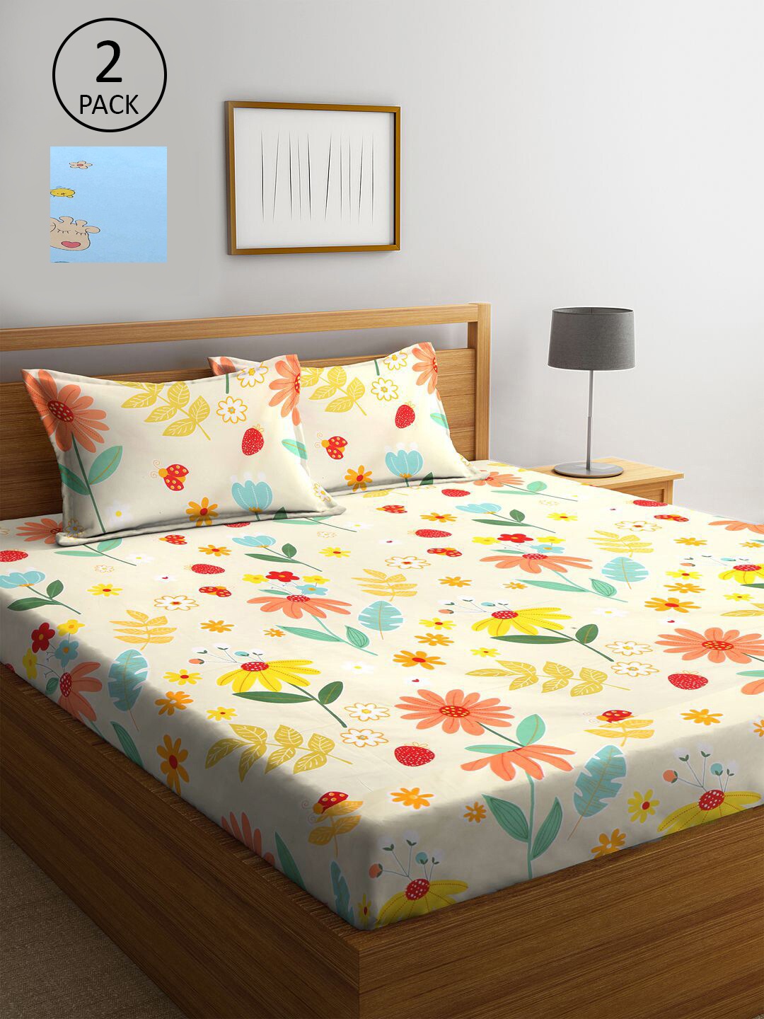 

KLOTTHE Blue & Cream-Coloured Floral 210 TC Set Of 2 King Bedsheet with 4 Pillow Covers