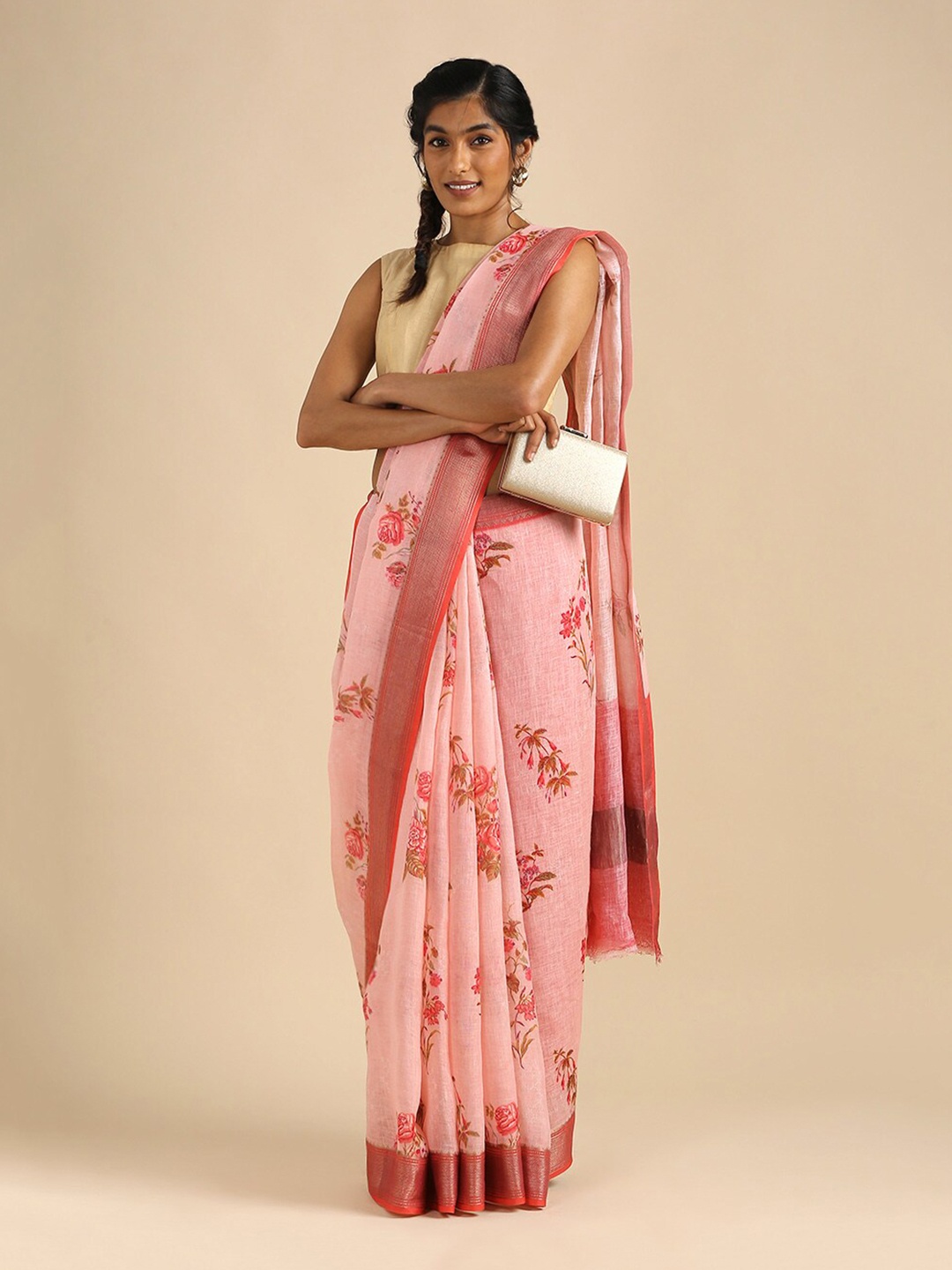 

Taneira Pink & Red Floral Printed Pure Linen Saree