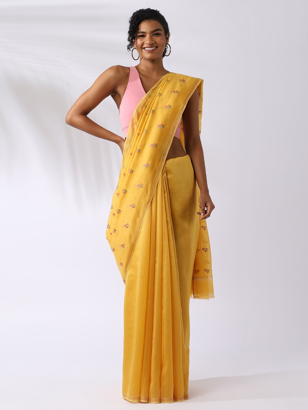 

Taneira Yellow & Pink Floral Zari Silk Cotton Saree