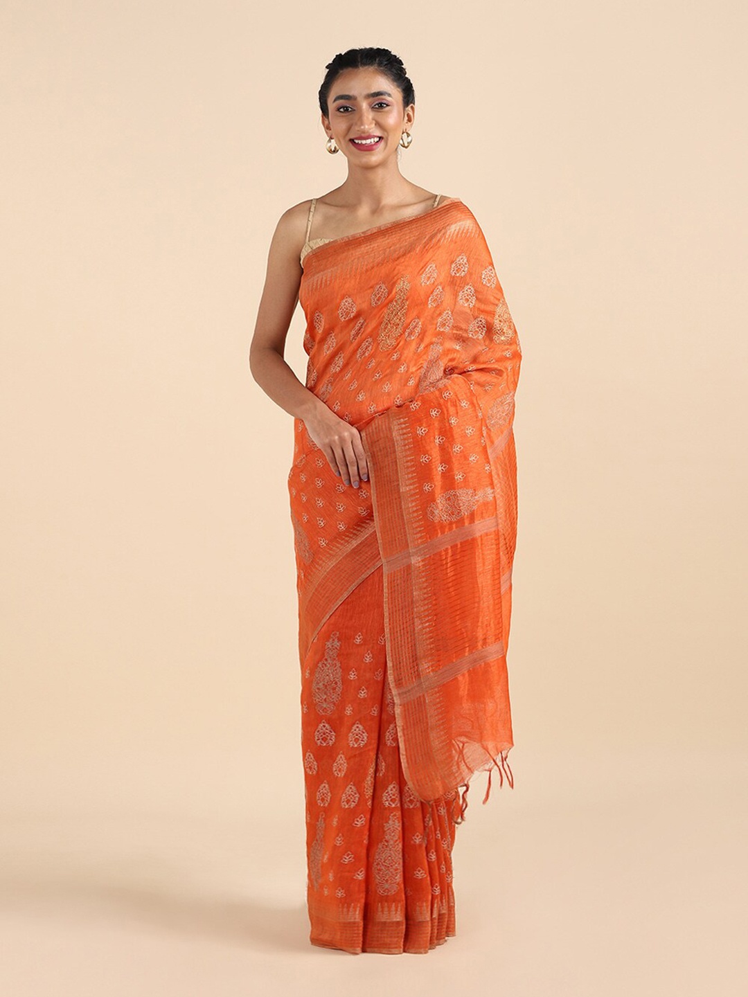 

Taneira Orange & Gold-Toned Floral Zari Silk Blend Saree