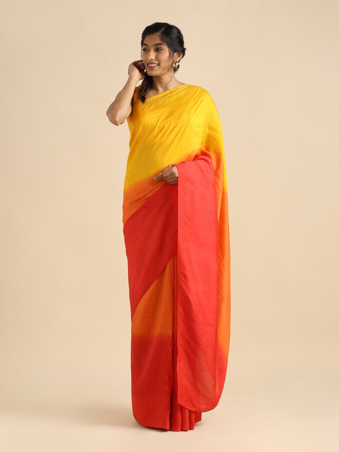 

Taneira Red & Yellow Colourblocked Kantha Pure Silk Saree