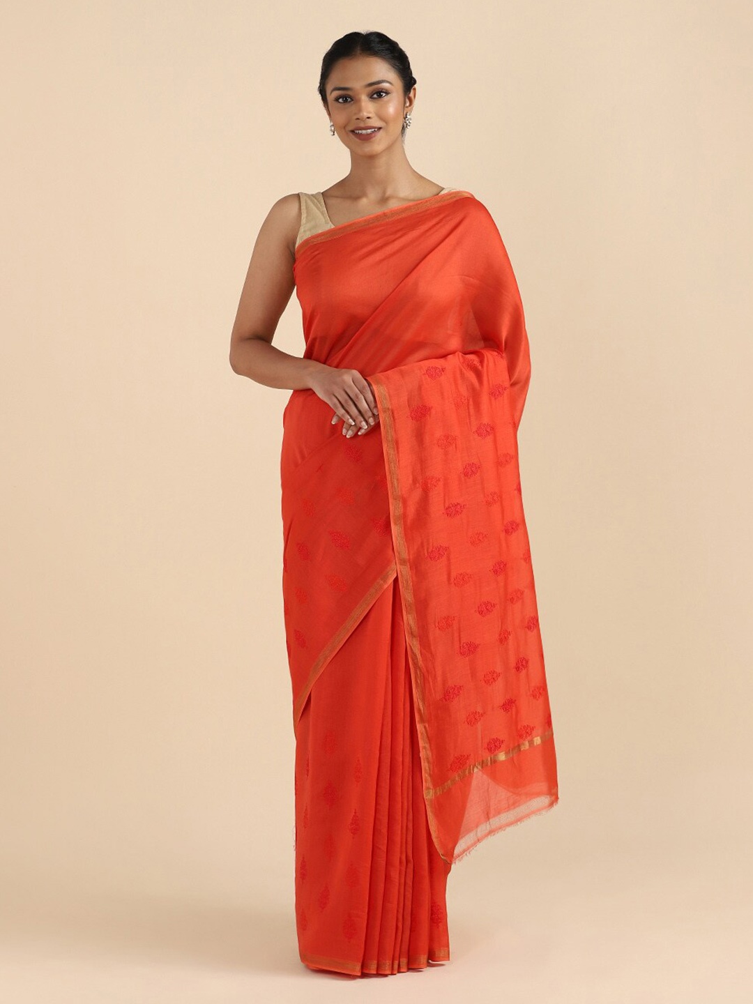 

Taneira Orange Floral Printed Silk Blend Saree