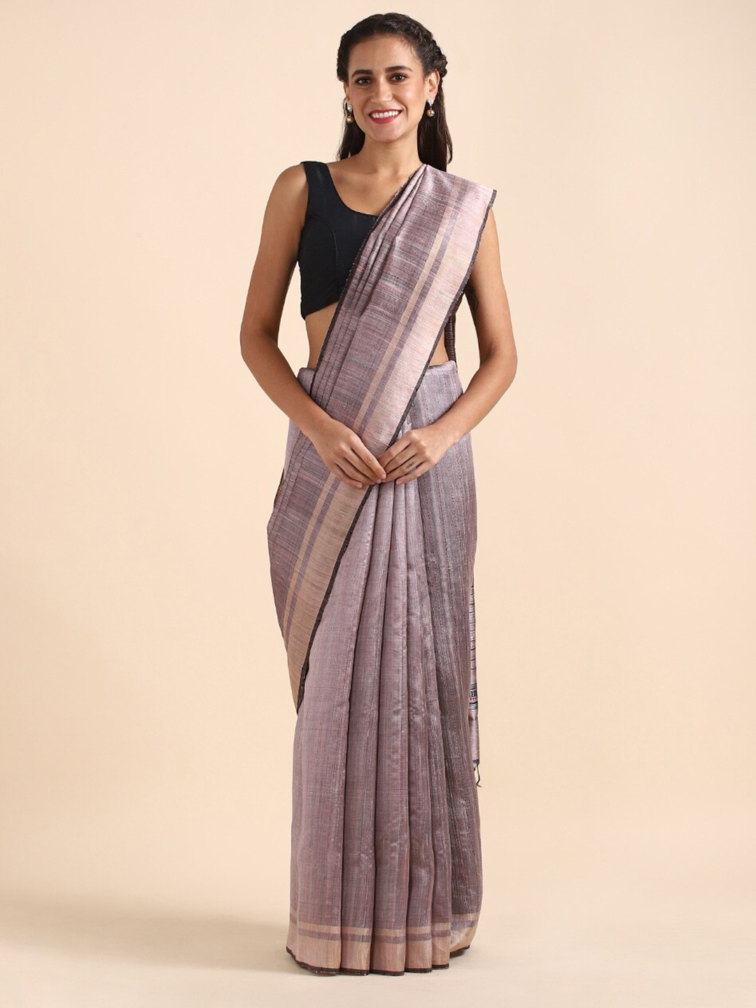 

Taneira Violet & Beige Striped Zari Pure Silk Tussar Saree