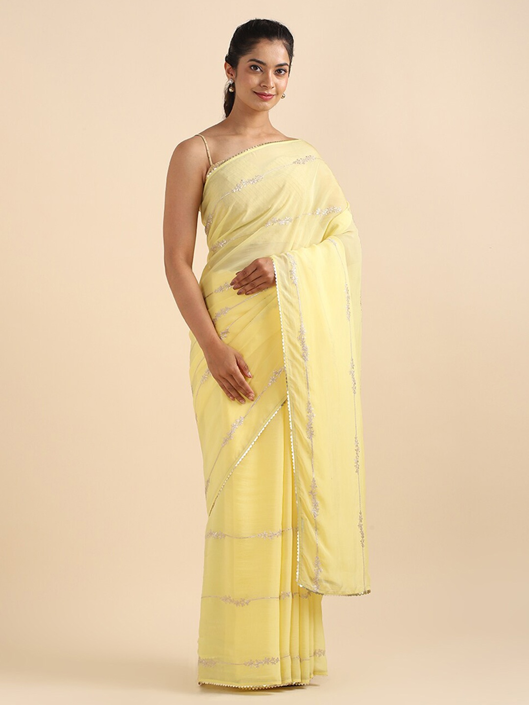 

Taneira Yellow & Gold-Toned Floral Embroidered Pure Silk Saree