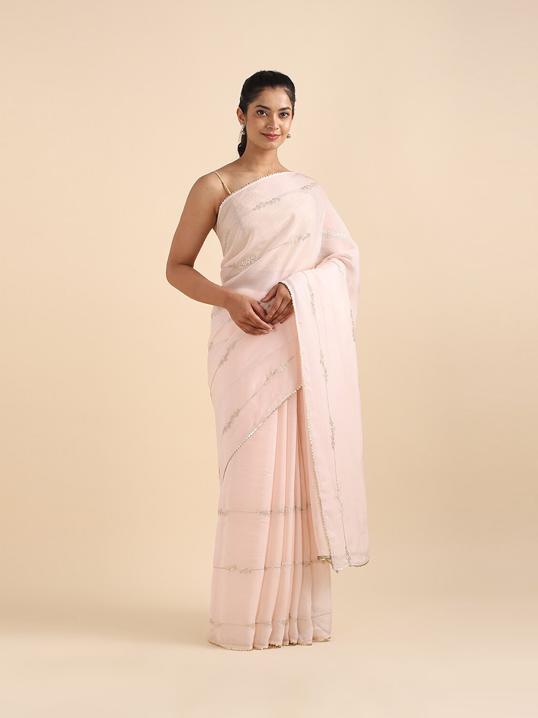 

Taneira Pink & Silver-Toned Floral Striped Zardozi Pure Silk Saree