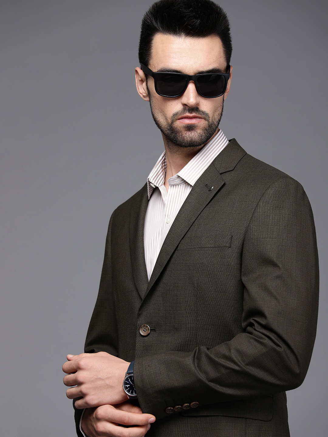 

Louis Philippe Men Brown Checked Single-Breasted Slim-Fit Formal Blazer