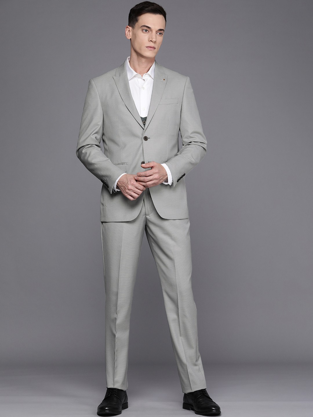 

Louis Philippe Men Grey Self Designed Slim-Fit Single-Breasted Suit