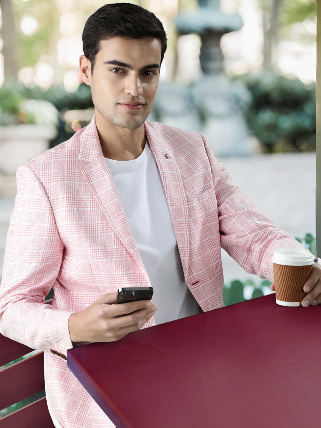 

Louis Philippe Men Pink & White Checked Single-Breasted Slim-Fit Formal Blazer