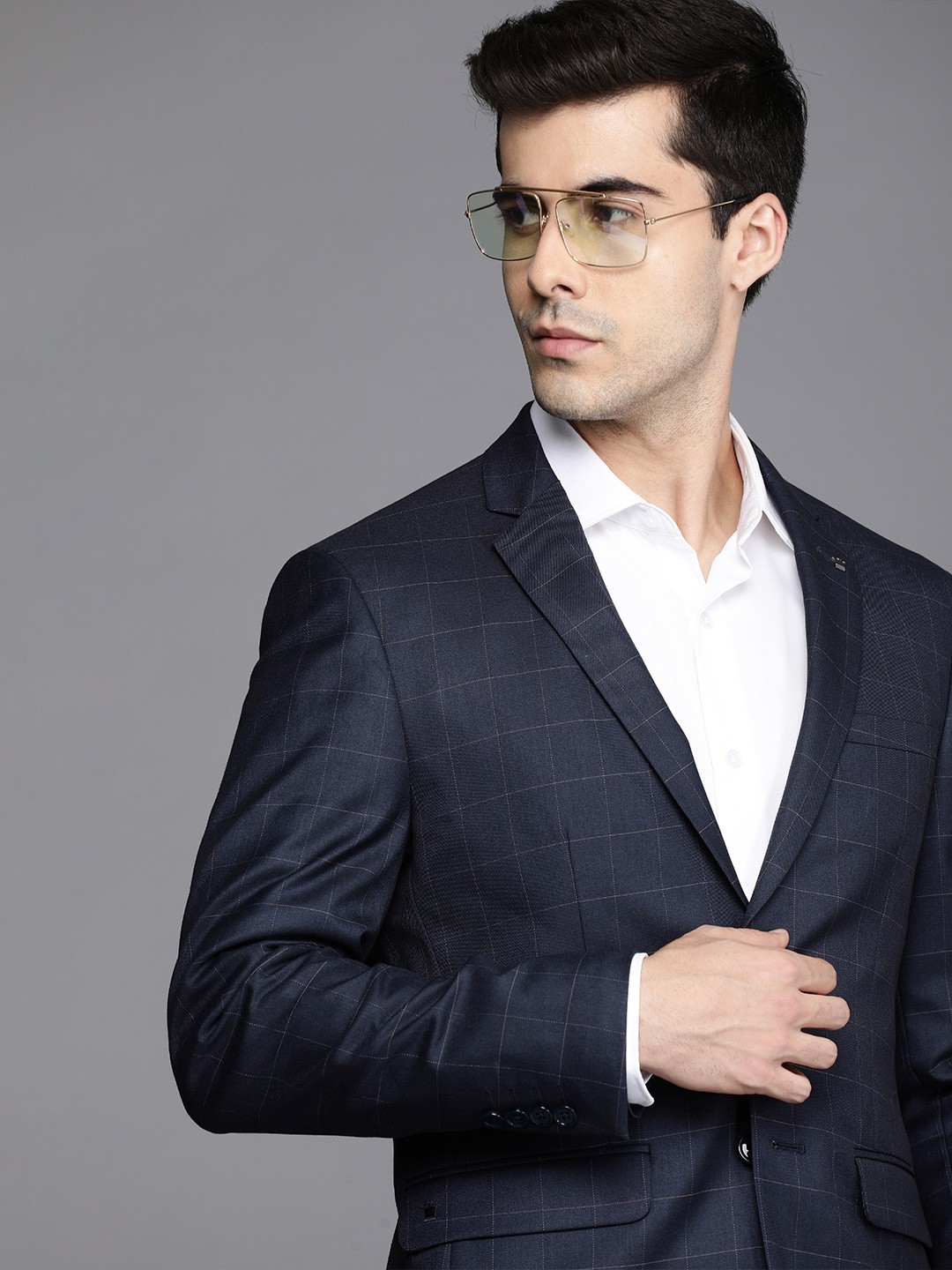 

Louis Philippe Men Navy Blue Checked Slim Fit Formal Blazer