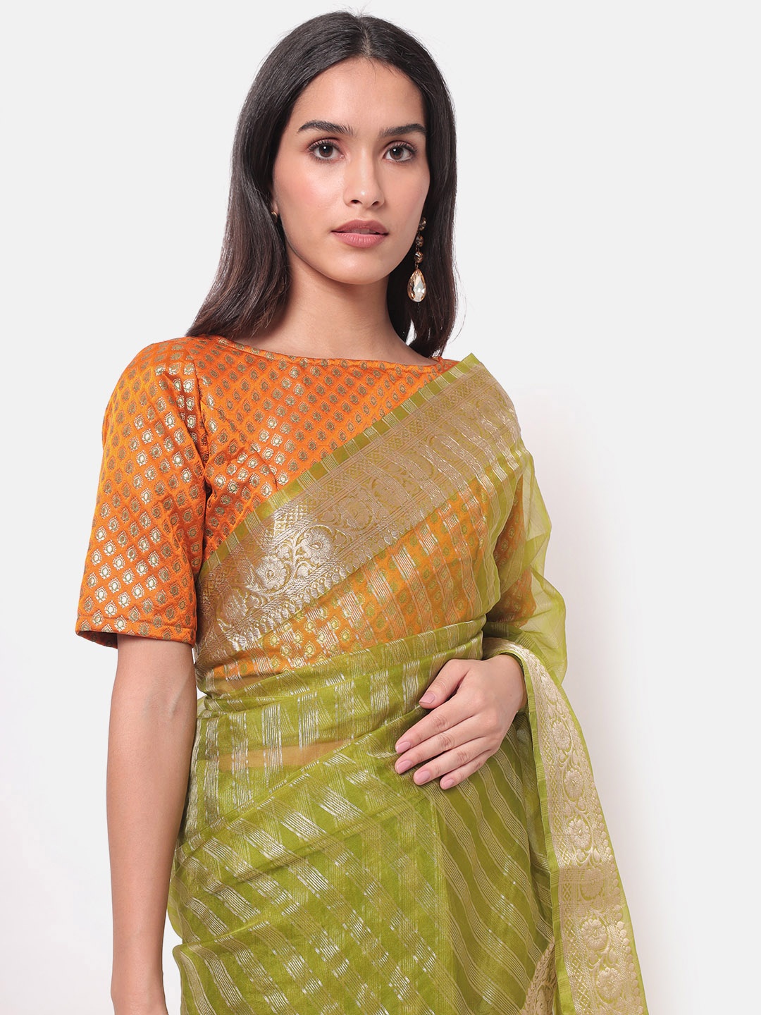 

Saaki Women Orange Woven Design Saree Blouse