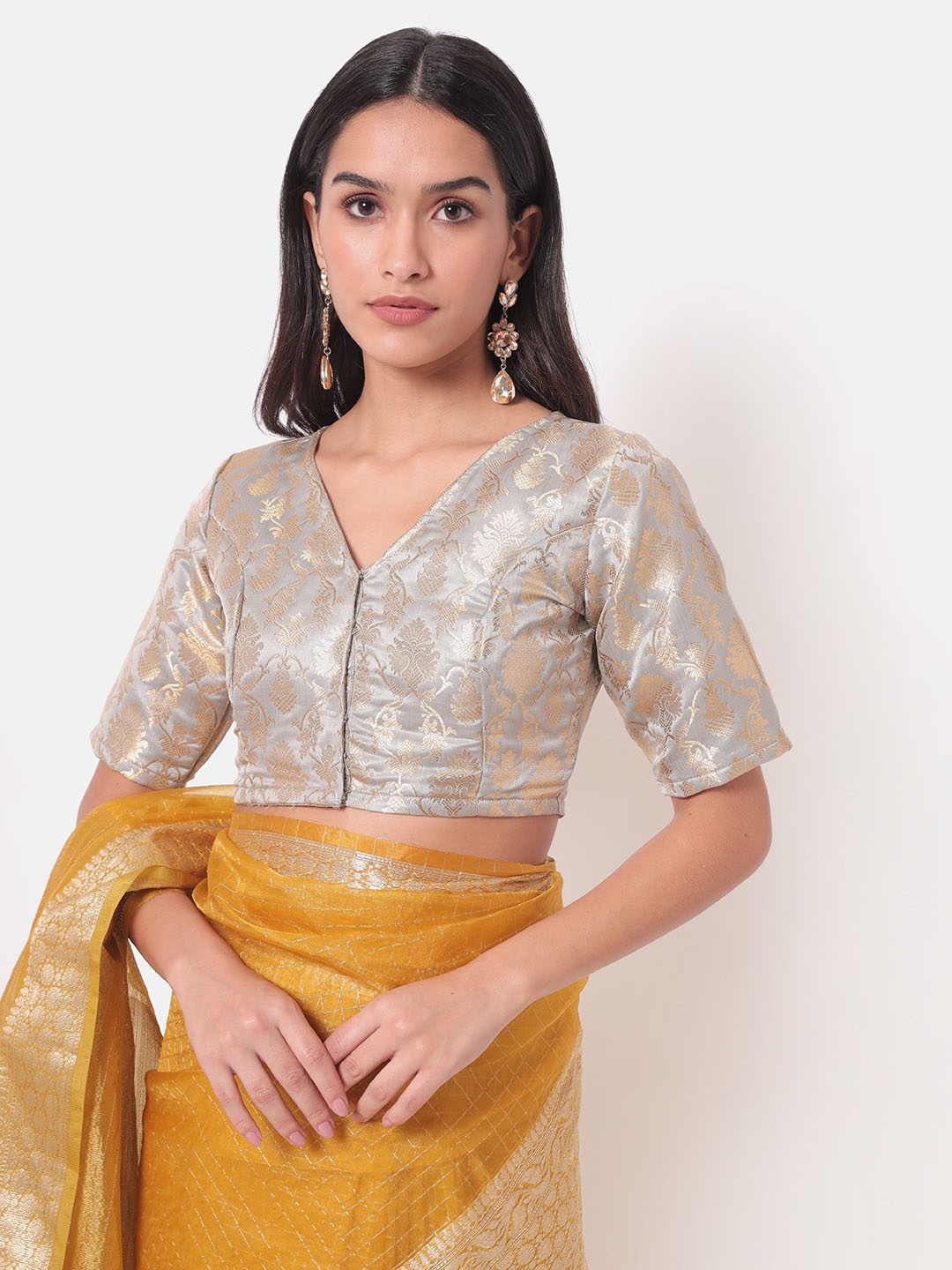 

Saaki Silver-Coloured Woven Design Brocade Saree Blouse