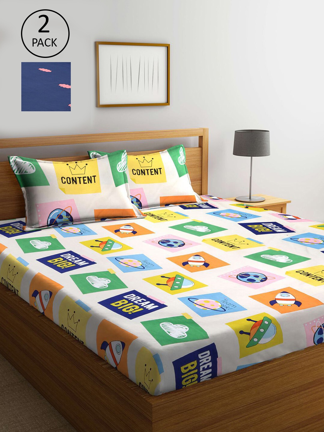 

KLOTTHE Set of 2 Cartoon Characters 300 TC King Bedsheet with 4 Pillow Covers, Blue