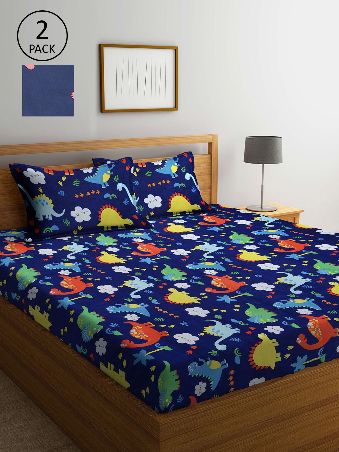 

KLOTTHE Blue & Pink Cartoon Characters 300 TC 2 King Bedsheet with 4 Pillow Covers