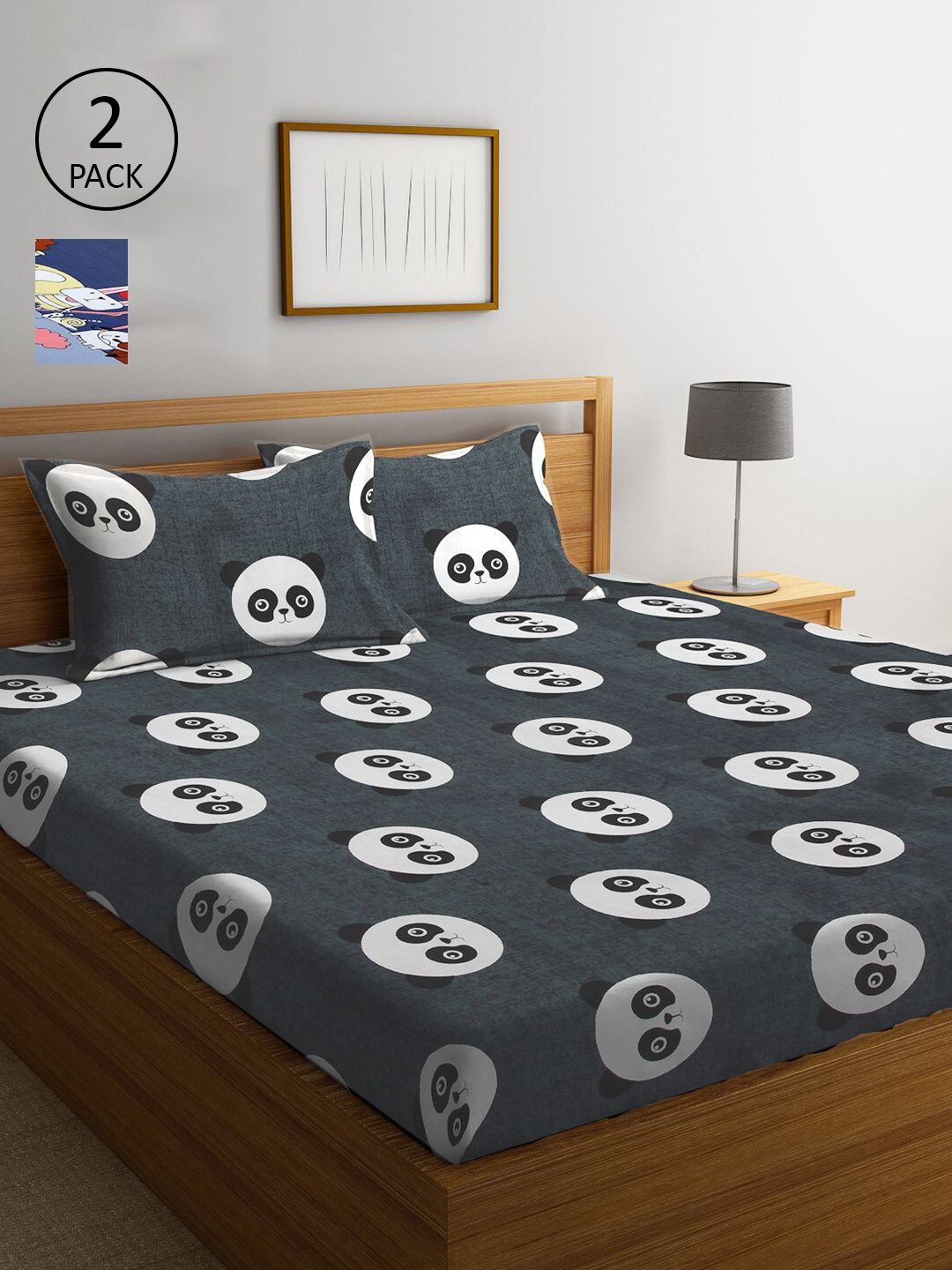 

KLOTTHE Blue & Grey Cartoon Characters 210 TC 2 King Bedsheets with 4 Pillow Covers