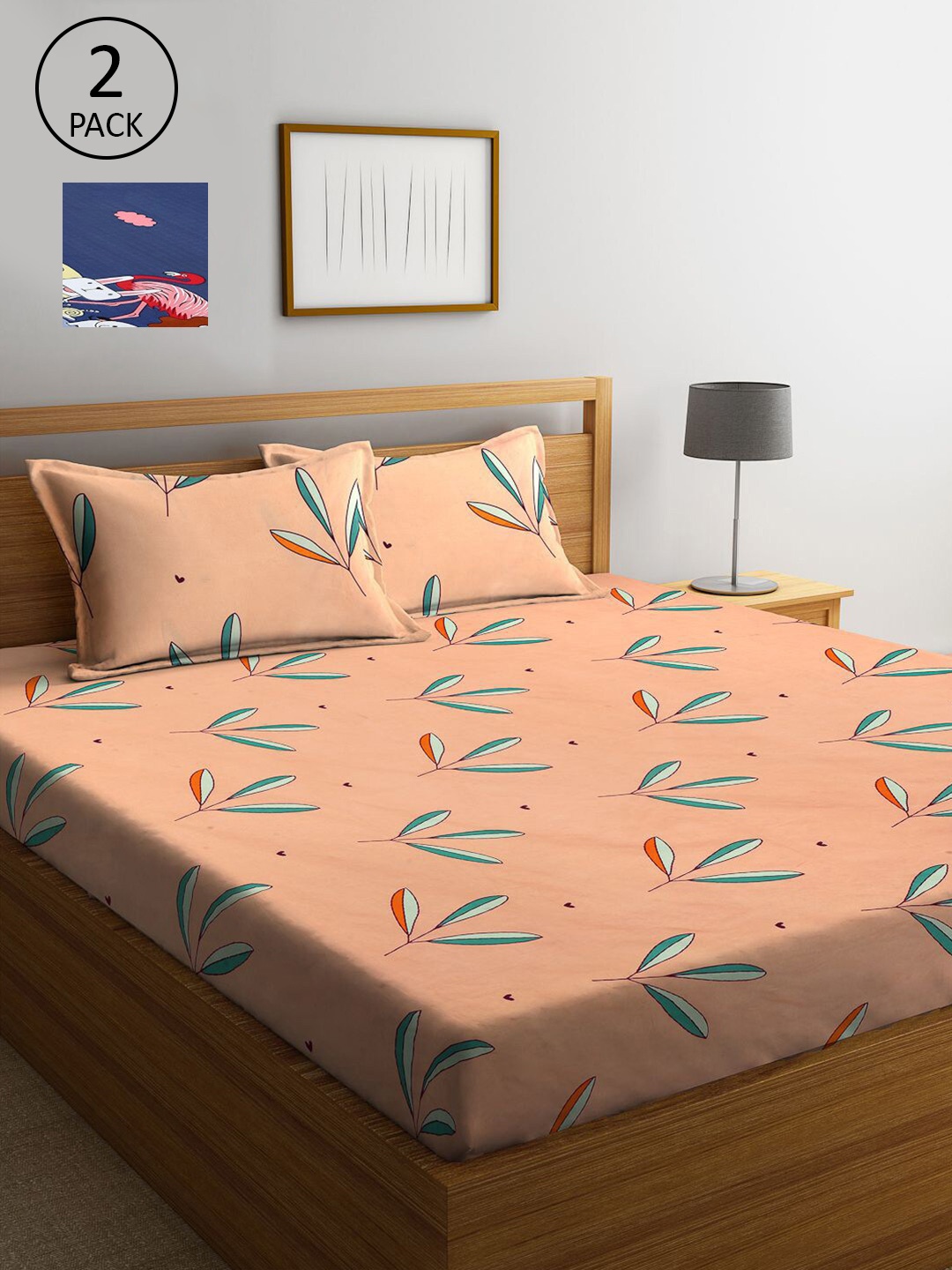 

KLOTTHE Peach-Coloured & Navy Blue Floral 210 TC 2 King Bedsheet with 4 Pillow Covers