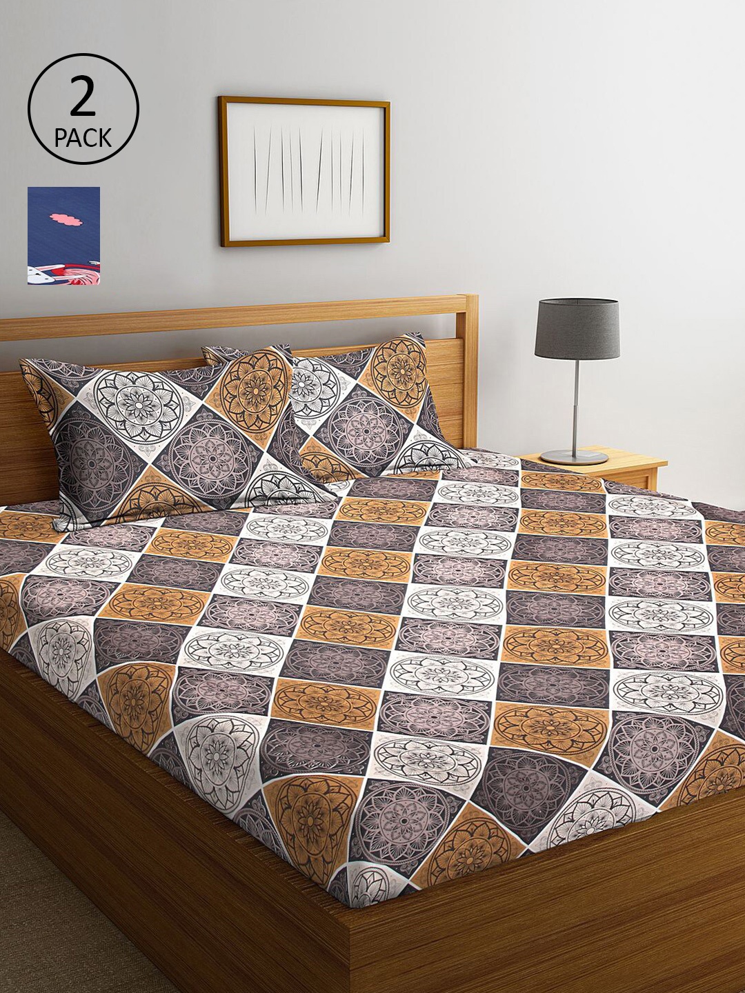 

KLOTTHE Blue & Brown Printed 210 TC 2 King Bedsheet with 4 Pillow Covers