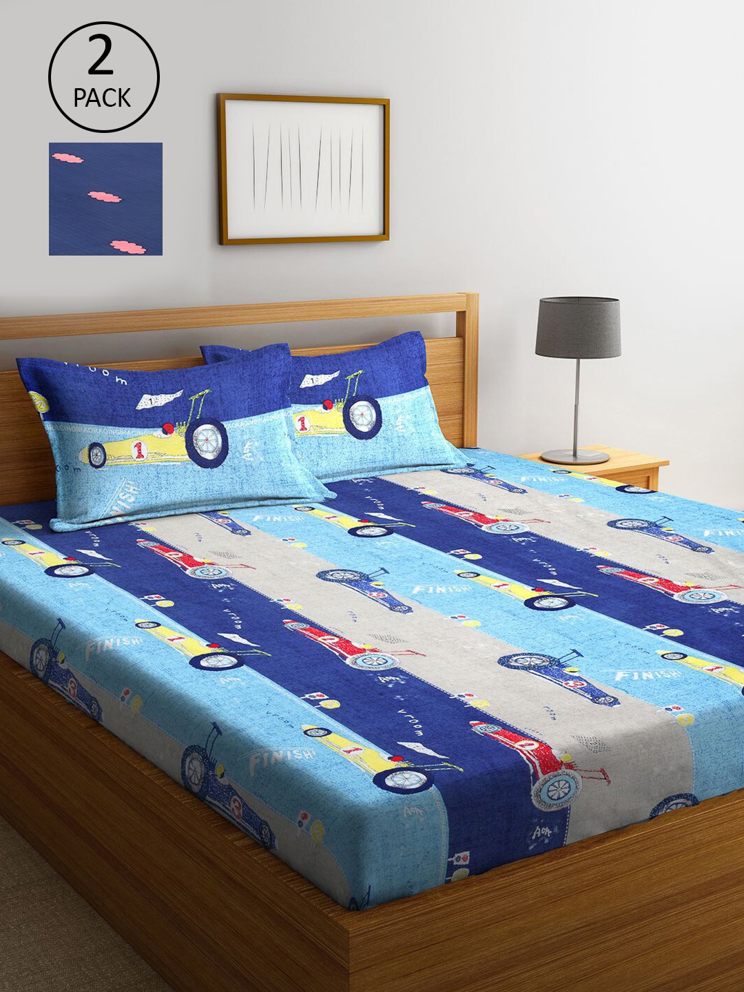 

KLOTTHE Blue & Red Cartoon Characters 210 TC 2 King Bedsheet with 4 Pillow Covers