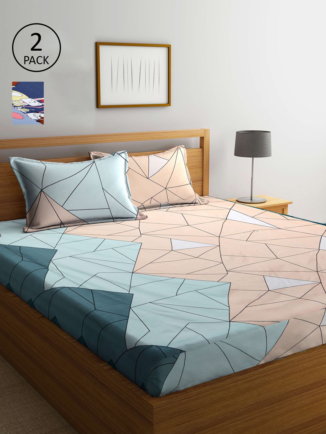 

KLOTTHE Blue & Pink Geometric 210 TC 2 King Bedsheet with 4 Pillow Covers