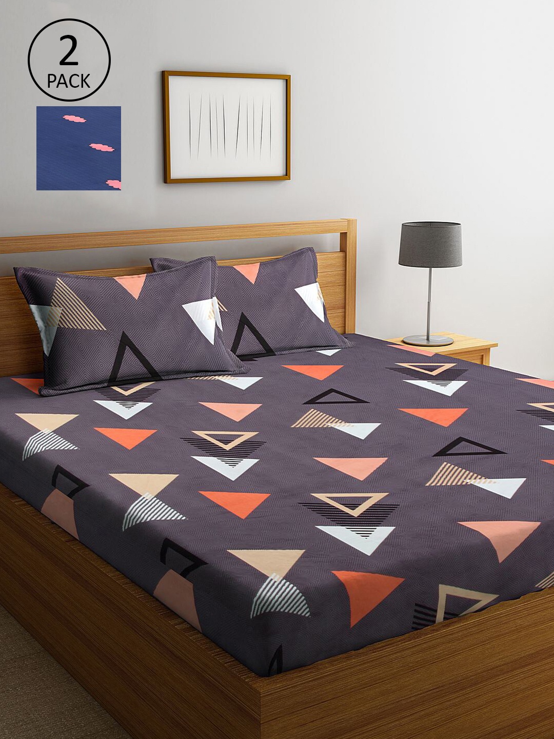 

KLOTTHE Set Of 2 Purple & Blue 210 TC Printed King Cotton Bedsheet with 4 Pillow Covers
