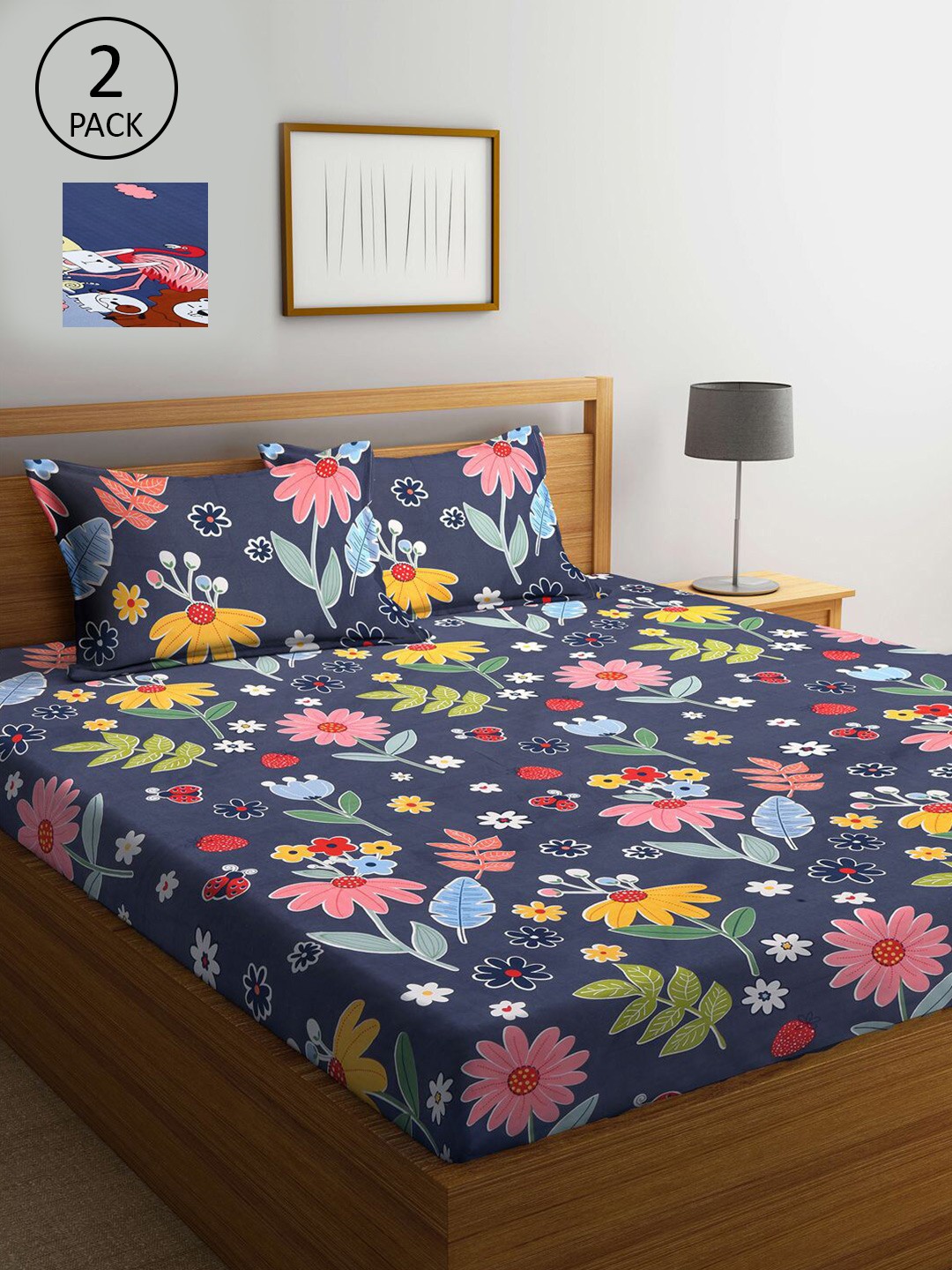 

KLOTTHE Multi Coloured 210 TC Printed Set of 2 King Cotton Bedsheet with 4 Pillow Covers