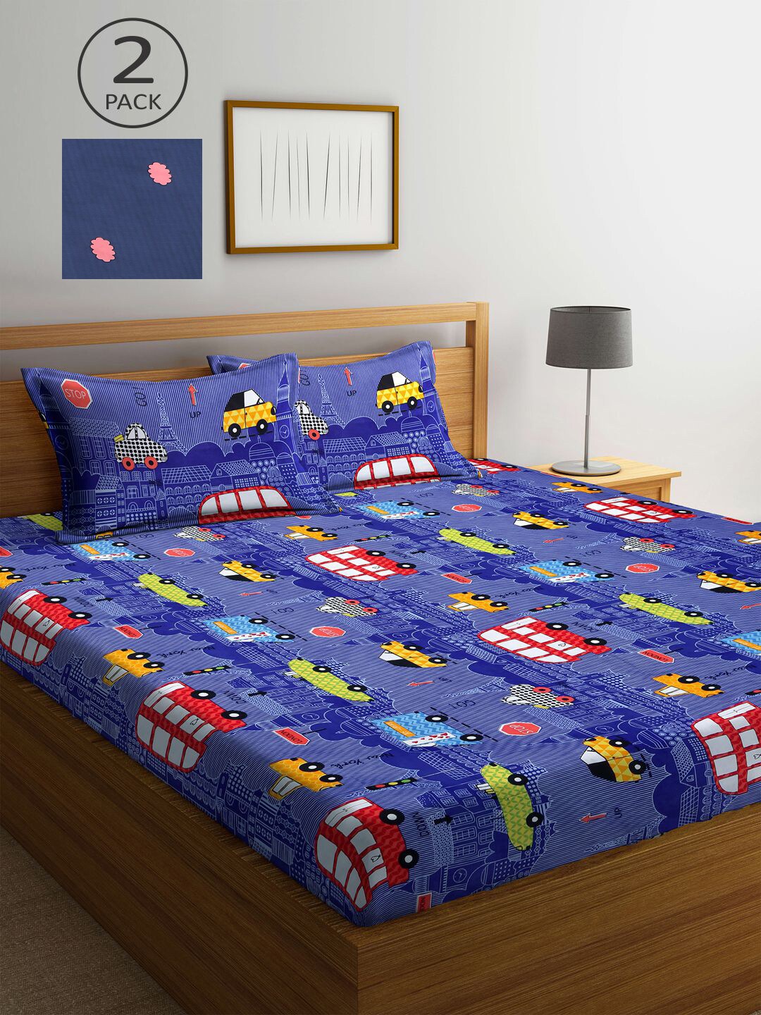 

KLOTTHE Blue & Navy Blue Cartoon Characters 210 TC 2 King Bedsheet with 4 Pillow Covers