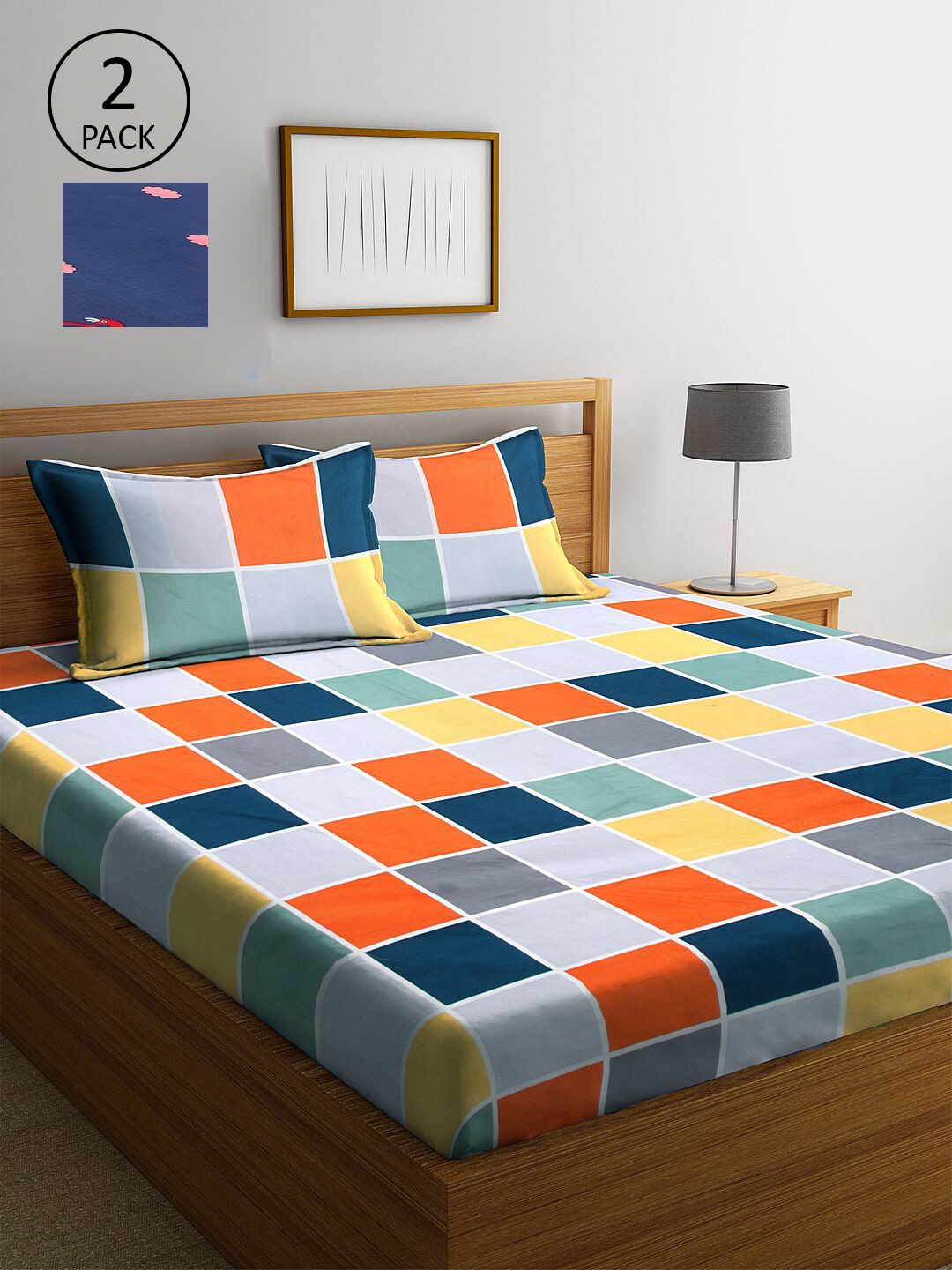 

KLOTTHE Blue & Yellow Geometric 300 TC 2 King Bedsheet with 4 Pillow Covers