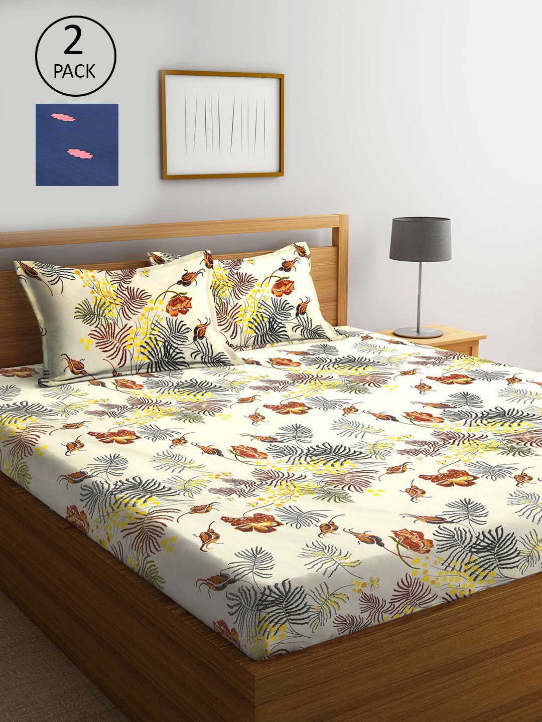 

KLOTTHE White & Blue Floral 210 TC 2 King Bedsheet with 4 Pillow Covers