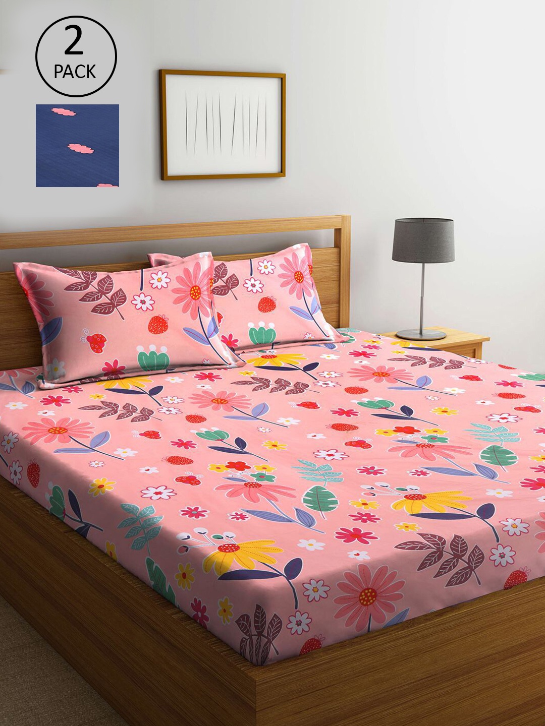 

KLOTTHE Pink & Navy Blue Floral 300 TC 2 King Bedsheet with 4 Pillow Covers