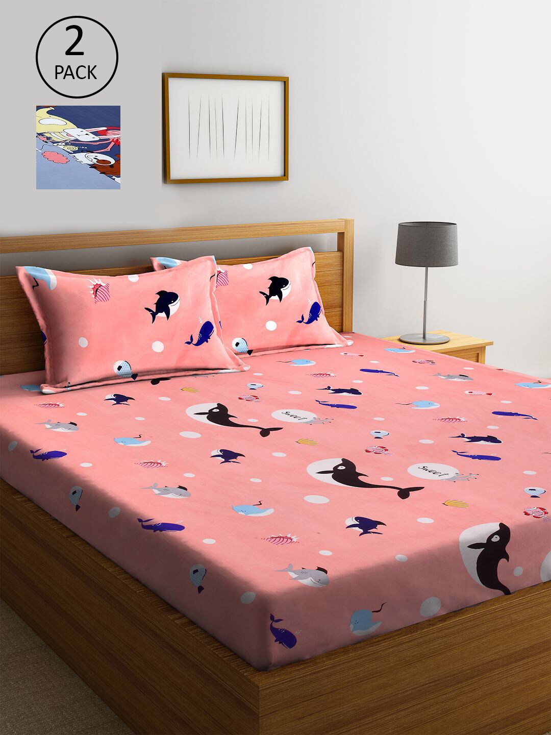 

KLOTTHE Blue & Pink Cartoon Characters 210 TC 2 King Bedsheet with 4 Pillow Covers