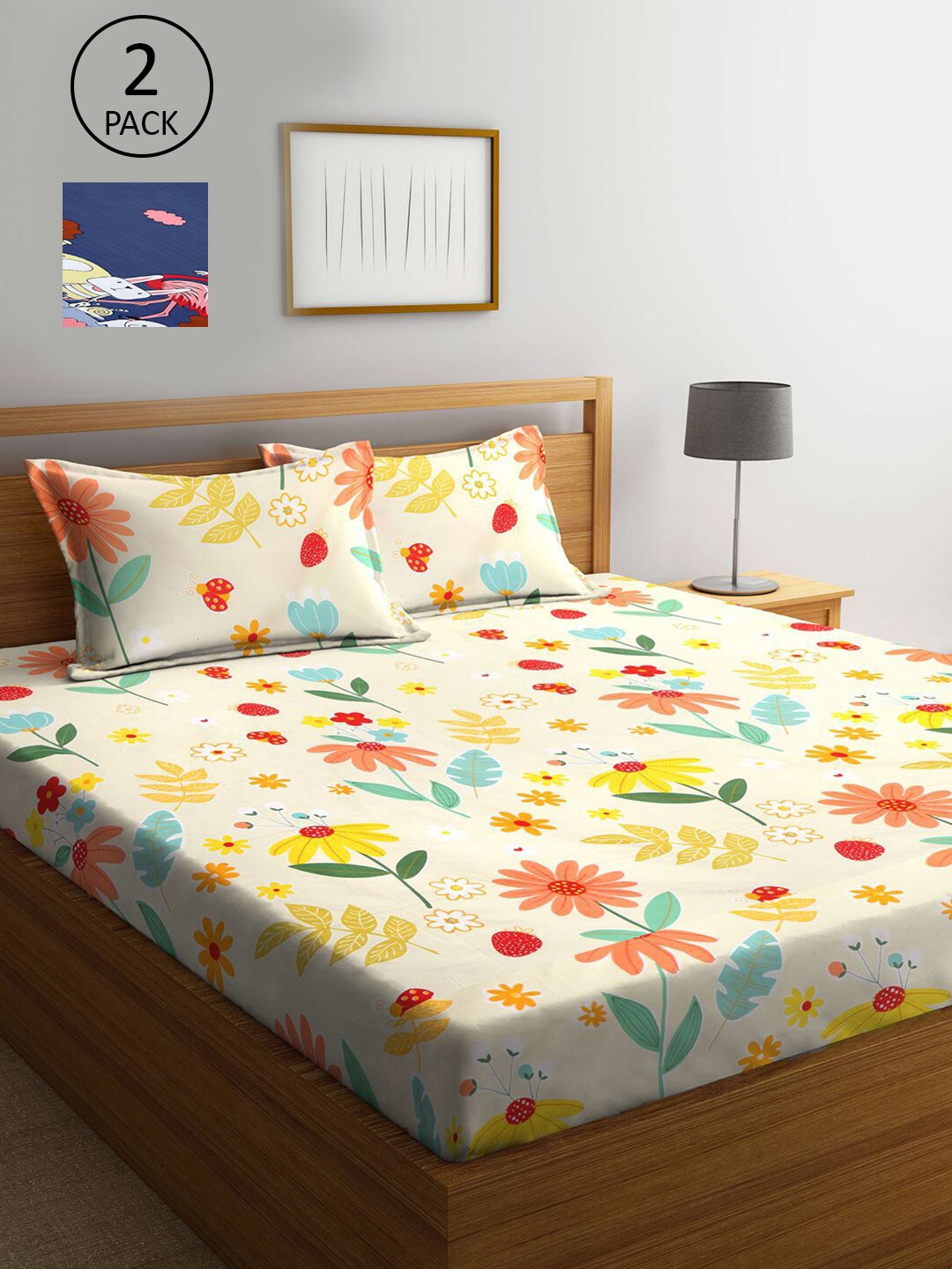 

KLOTTHE Blue & Cream-Coloured Printed 210 TC 2 King Bedsheet with 4 Pillow Covers