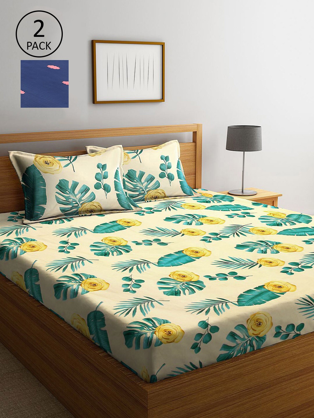 

KLOTTHE Blue & Cream-Coloured Floral 210 TC 2 King Bedsheet with 4 Pillow Covers