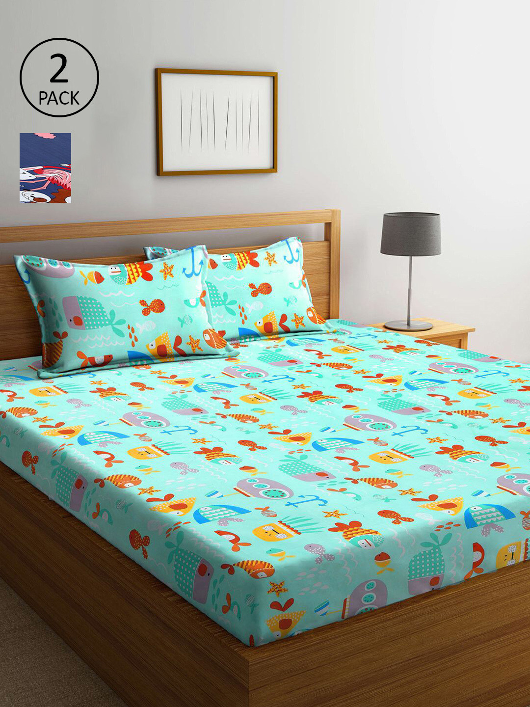 

KLOTTHE Sea Green & Navy Blue Printed 210 TC 2 King Bedsheet with 4 Pillow Covers