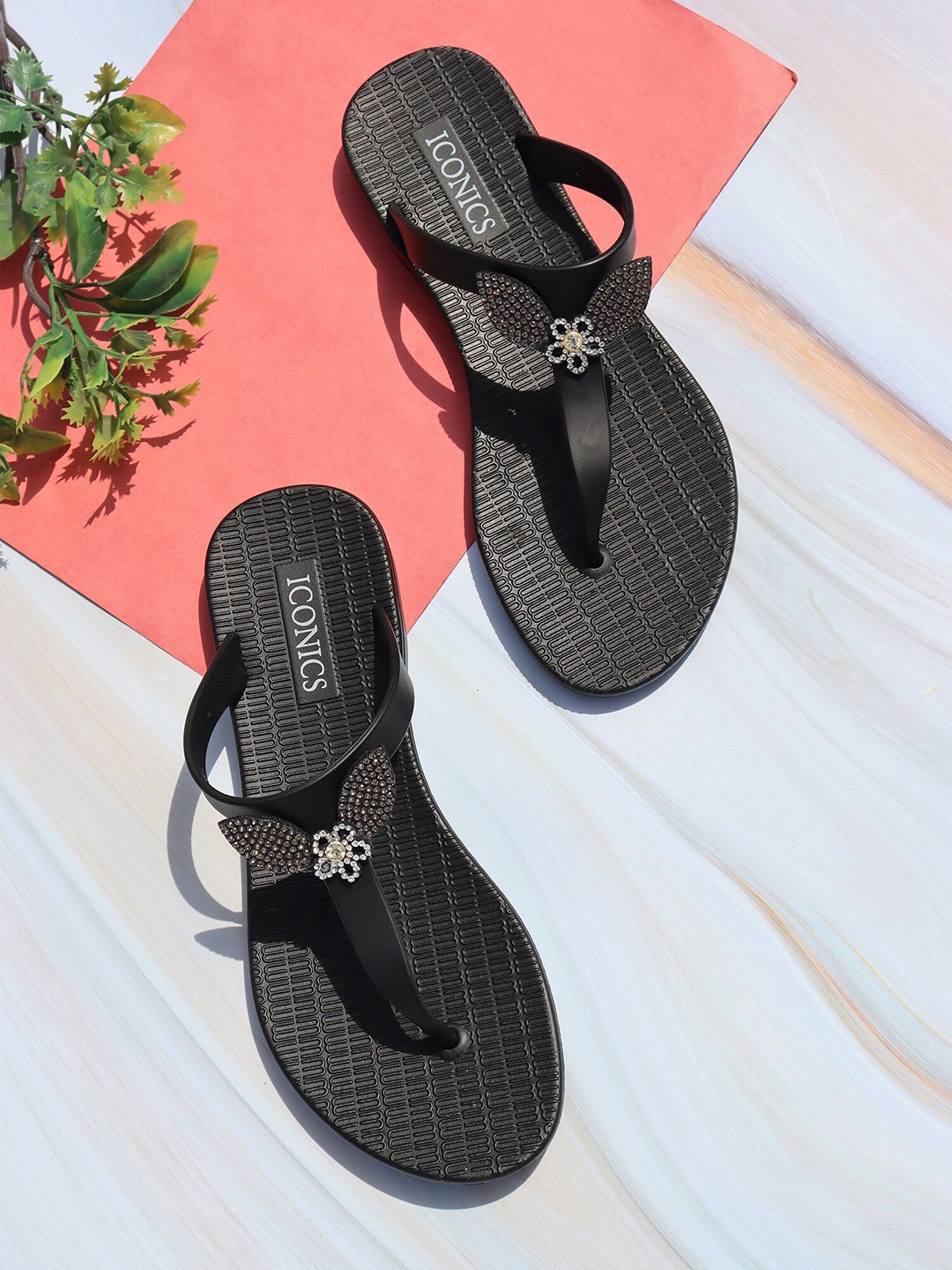 

ICONICS Women Black Thong Flip-Flops